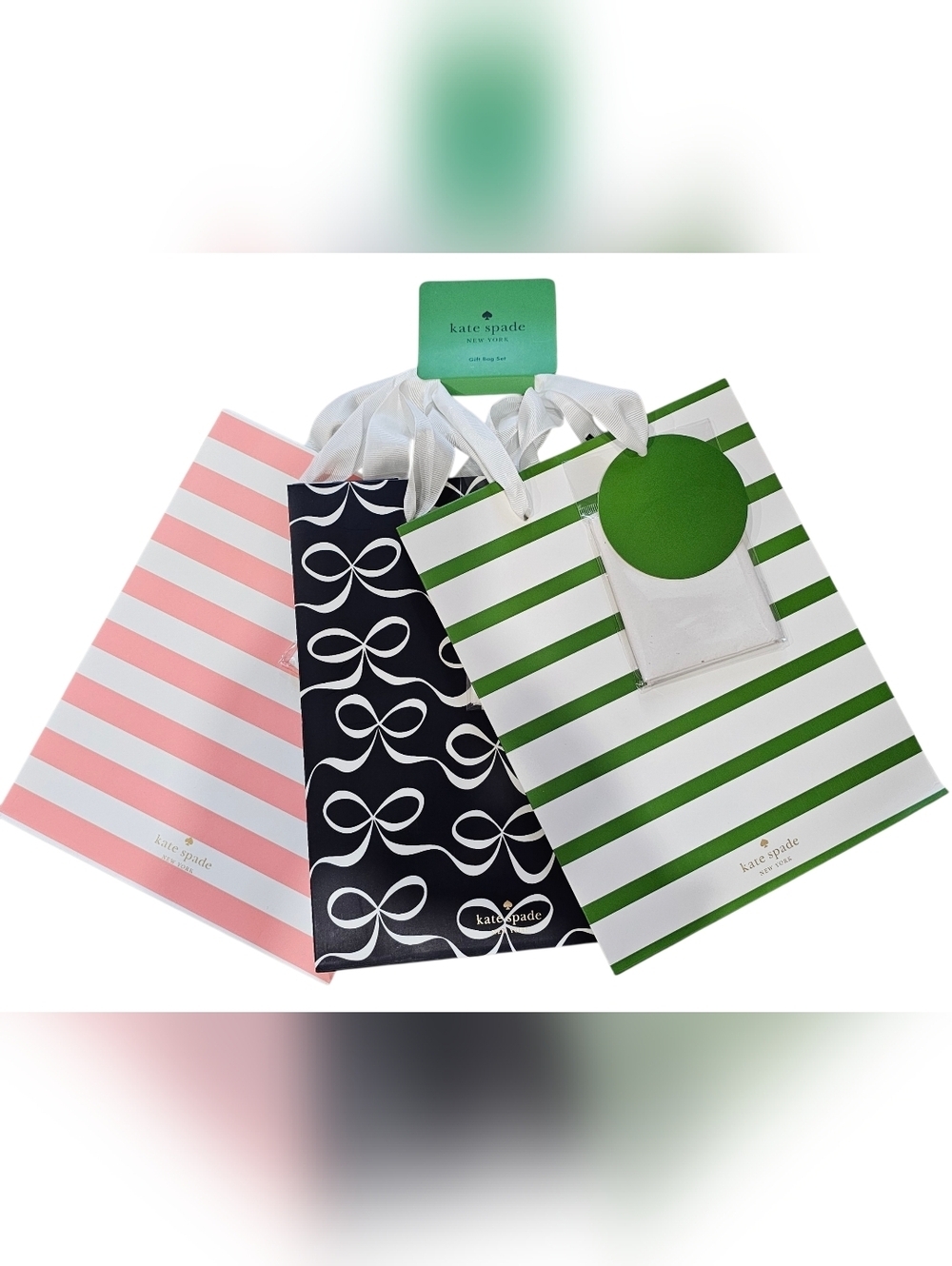 kate spade New York, Pink, Navy & Green Striped and Bow Gift Bag Trio